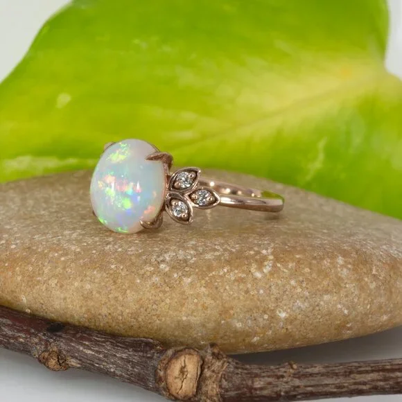 2.3Ct Ethiopian Opal Ring in Solid 14K Rose Gold with Natural Diamond Accents - Picture 7 of 10